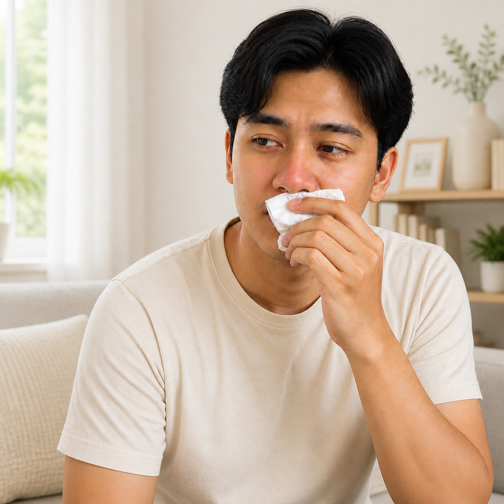 Man with allergy symptoms holding a tissue Man with allergy symptoms holding a tissue
