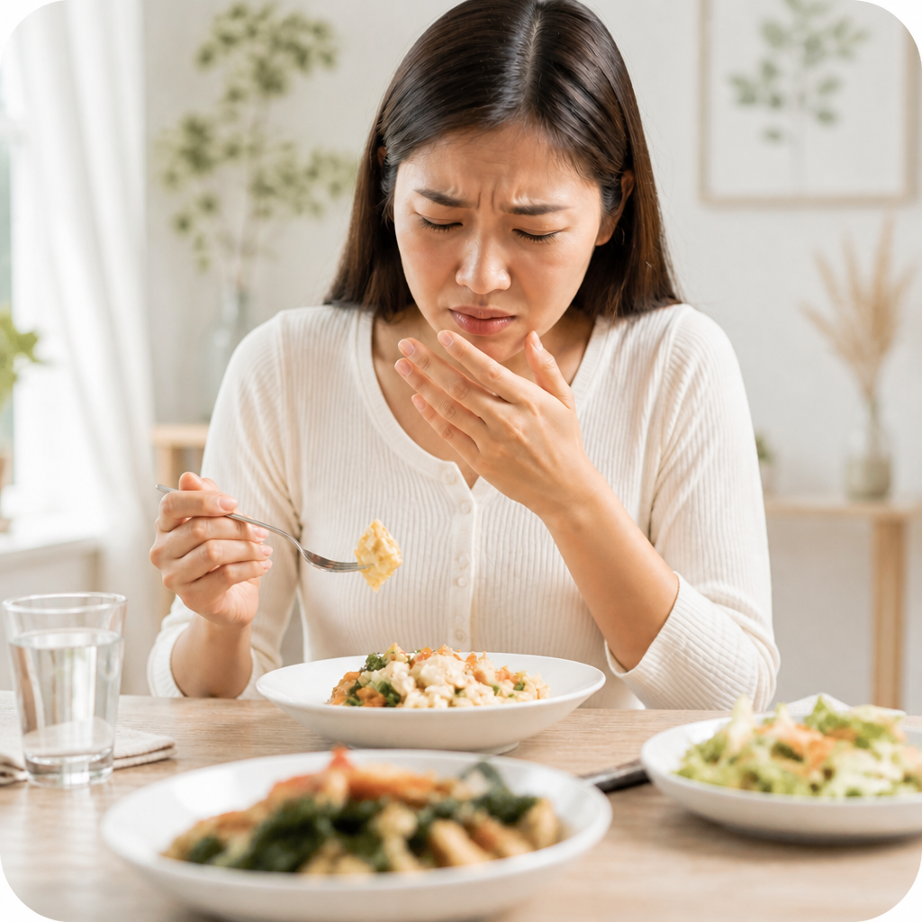 Woman looking uncomfortable at a dining table Woman looking uncomfortable at a dining table